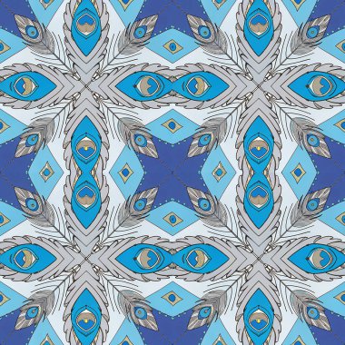 Mavi ve gri renkli süsler. Kusursuz desen.