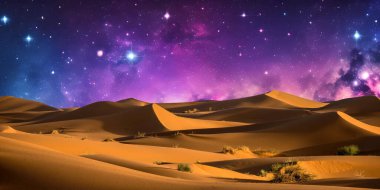 Çöl, samanyolu ve yıldızlı gece manzarası.