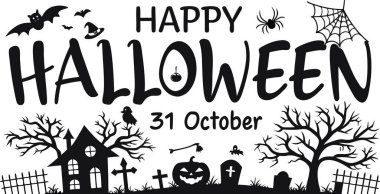 Celebrate with a spooky Halloween design featuring bats, a haunted house, and graveyard, perfect for festive invites.