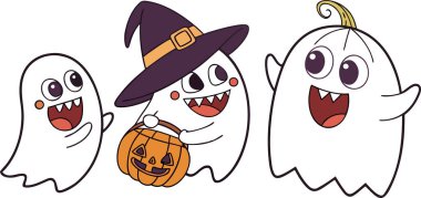 Cheerful Halloween ghosts celebrate the spooky season! Perfect for festive designs, cards, and holiday cheer.