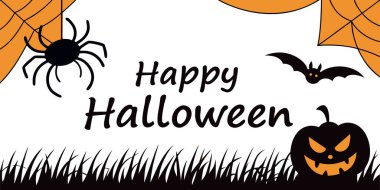 Festive Halloween design with spooky elements like a spider, bat, and pumpkin, perfect for holiday greetings.