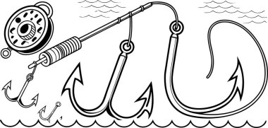 Açık hava maceraları için olta ve kancalar çiziyor. Balık tutma meraklıları ve balıkçılık malzemeleri markaları için eğlence içeriği.