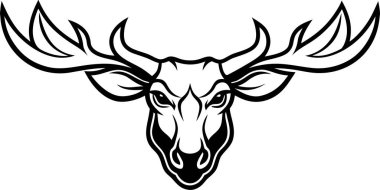 Büyük boynuzları olan bir geyik kafasının siyah ve beyaz vektör çizimi.