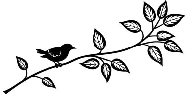 Yapraklı bir dalda zarif bir kuş. Tasarımlar, kartlar ve daha fazlası için doğadan esinlenilmiş sanat. Vektör kaynağı. Organik temalar için mükemmel.