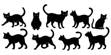 Çeşitli dinamik pozlarda büyüleyici bir siyah kedi silueti keşfedin. Tasarımlarınıza eğlenceli bir zarafet katmak için idealdir..