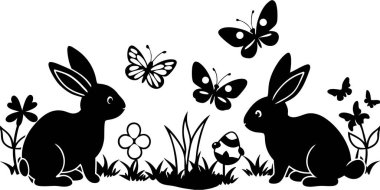 Kelebekli ve çiçekli Paskalya tavşanları. Kartlar ve şenlikli dekorasyonlar için mükemmel bir bahar manzarası..