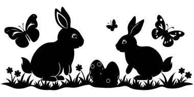 Paskalyayı büyüleyici tavşanlar ve kelebeklerle kutlayın. Kartlar, davetiyeler ve bahar tasarımları için mükemmel..