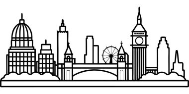 İkonik simgelerin modern Londra gökyüzü çizimi. Seyahat, mimari veya kentsel tasarım projeleri için mükemmel.
