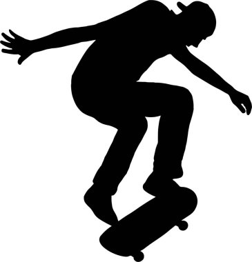 Kaykaycı silueti yükseğe sıçrıyor, beceri ve özgürlük gösteriyor. Gençlik, spor, kentsel veya yaşam tarzı projeleri için kullanım.