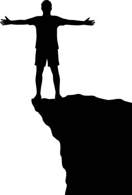 Özgürlüğü kucaklayın ve zorlukları aşın. Uçurumun kenarındaki bir adamın silueti, kollarını açarak başarının sembolü..