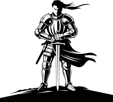 İkonik şövalye hazır duruyor, sarsılmaz bir cesaret ve tarihsel gücün sembolü, güçlü damgalama için mükemmel..