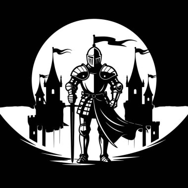Cesur bir şövalye ve heybetli bir şatonun yer aldığı efsanevi ortaçağ sahnesi, tarihi ve fantezi temalar için mükemmel..
