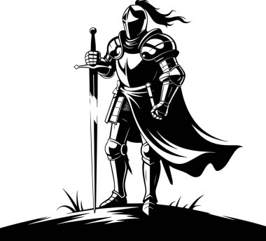 Zırhı kuşanmış heybetli bir şövalye kılıcını kavrıyor. Her türlü meydan okuma için büyük cesaret ve sarsılmaz gücü simgeliyor..