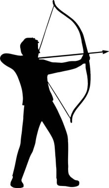 Bir okçunun dinamik silueti yay çiziyor, odaklanma, hırs ve hedeflere ulaşmanın güçlü bir sembolü. Spor ve başarı temaları için mükemmel.