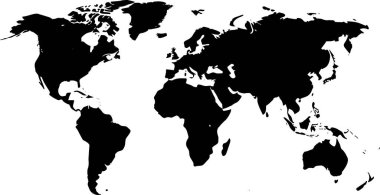 Çarpıcı siyah dünya haritası silueti, uluslararası ticaret, seyahat veya eğitim temaları için temiz ve cesur bir küresel açıklama sunuyor.
