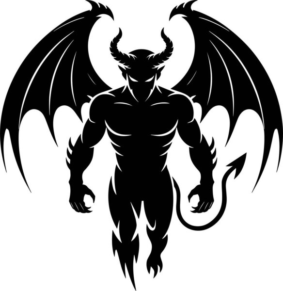 Угрожающий черный демонический силуэт с острыми рогами и большими крыльями вызывает силу и темноту для вашего следующего проекта.