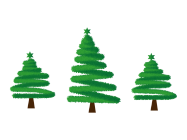 Şeffaf arkaplanda yıldız tepecikleri olan üç canlı yeşil Noel ağacı.