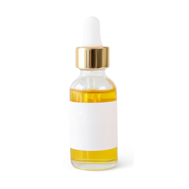 Şeffaf arka planda sarı sıvı ve altın kapaklı cam damlatıcının yüksek kaliteli görüntüsü, ürün reklamcılığı ve editoryal kullanım için ideal