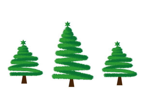 Şeffaf arkaplanda yıldız tepecikleri olan üç canlı yeşil Noel ağacı.