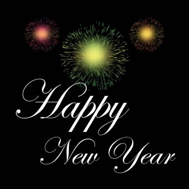 Yeni yılı canlı havai fişekler ve siyah arkaplandaki zarif tipografiyle kutlayın. Parti dekorasyonları ve şenlik etkinlikleri için mükemmel.