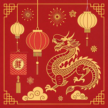 Şenlikli kutlamalar için kırmızı ve altın madalyalı canlı Çin Yeni Yıl ejderhası çizimleri