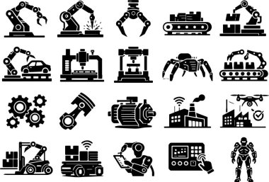 Teknolojiyi temsil eden ve gelişmeleri üreten modern endüstriyel otomasyon simgelerinin toplanması