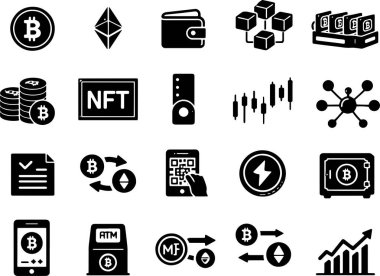 Finansal projeler ve sunumlar için temel kripto para birimi ve blok zinciri simgeleri