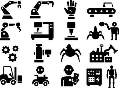 Teknoloji ve üretim temaları için robotlar, makineler ve fabrika ekipmanlarının yer aldığı modern endüstriyel otomasyon simgelerinin toplanması
