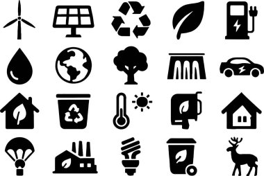 Daha yeşil bir gelecek için sürdürülebilir ve yeşil teknoloji çözümlerini temsil eden çevre dostu ikonlar.