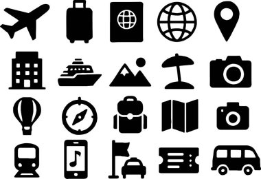Tasarım projeleriniz için ulaşım, konaklama ve turizm sembolleri içeren seyahat simgelerinin toplanması