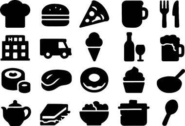 Aşçı, menü ve yemek sembolleri de dahil olmak üzere restoran, yemek ve mutfak konseptleri için yiyecek ve içecek ikonları koleksiyonu