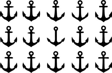 15 özdeş siyah çapa sembolü, deniz temalı tasarımlar için mükemmel şebeke deseni şeklinde dizilmiş.