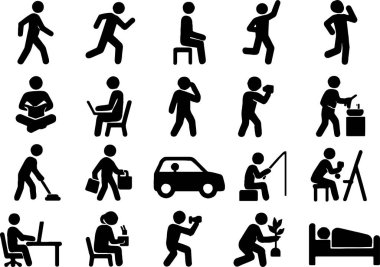 Çeşitli günlük eylemlerde bulunan insanları tasvir eden bir çubuk figürü simgesi