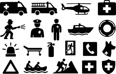Güvenlik ve kurtarma uygulamaları için acil durum yanıt simgeleri koleksiyonu