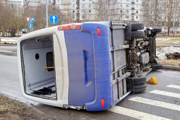 February 26, 2021, Riga, Latvia, damaged cars on the city raod at the scene of an accident because of using mobile phone while driving
