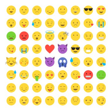 Sevimli gülen ifadeler seti, beyaz arka plan üzerinde izole emoji düz tasarım, vektör illüstrasyon