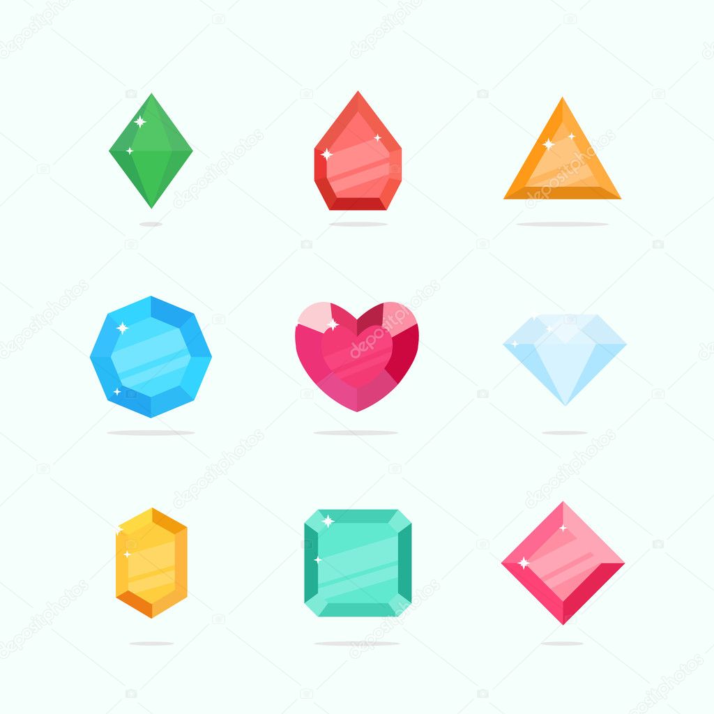 Cartoon vector gems and diamonds set in a flat style in different colors. Diamond stones isolated on a colored background. Vector illustration.