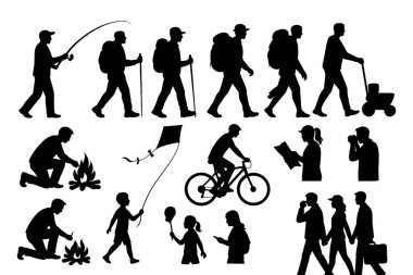 Balıkçılık, yürüyüş, bisiklet, uçurtma uçurmak ve diğer eğlence amaçlı uğraşlardan zevk alan bireyleri tasvir eden siyah siluet koleksiyonu..