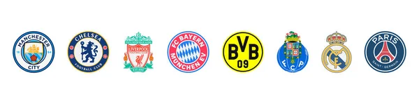 Futbol kulübü amblemlerinin vektör seti. Editoryal vektör illüstrasyonu. Vinnitsa, Ukrayna - 29 Mart 2021.