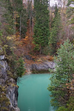 Canlı bir turkuaz nehir dar bir orman vadisinde kayalık uçurumlar arasında akar. Sonbahar yaprakları yemyeşil ağaçlarla harmanlanarak canlı bir renk zıtlığı yaratır. Temiz su ve desenli taş sahneye derinlik ve doğal güzellik katar..