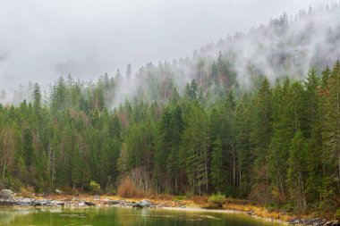 Sakin yeşil bir göl, etrafındaki ağaçlar ve gökyüzünü yansıtan berrak suyla ormanlık bir dağ yamacının dibinde yer alır. Sahne parlak, huzurlu ve doğal olarak canlı. Dokunulmamış manzaranın güzelliğini gösteriyor..