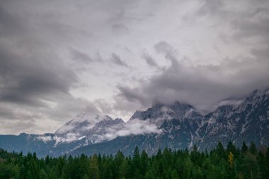 Yoğun bir Bavyera ormanının üzerindeki sislerle kaplı dramatik bulutlu dağ manzarası. Yumuşak sonbahar tonları ve sis gizemli ve atmosferik bir manzara yaratır..