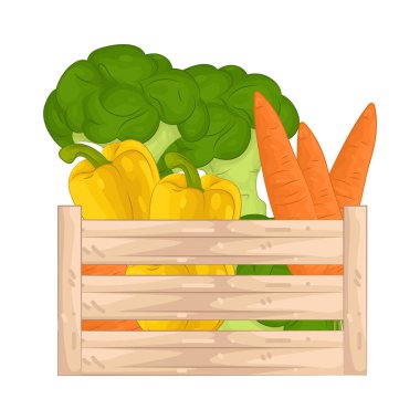 Tahta bir sandıktaki sebzeler nakliyeye ya da pazara hazır taze hasat edilmiş ürünleri temsil ediyor..