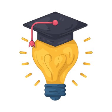 Mezuniyet şapkası takan bir ampul fikirleri, zekayı ve öğrenmeyi sembolize eder..