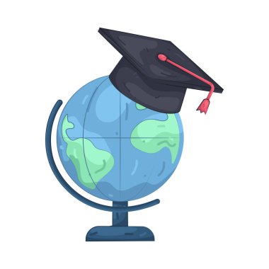 Mezuniyet şapkası takan bir dünya, sınırların ötesindeki küresel bilgiyi ve öğrenmeyi temsil ediyor..