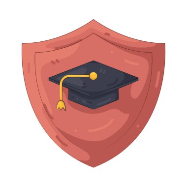 Mezuniyet şapkasını koruyan bir kalkan bilgiyi, güvenliği ve eğitimin değerini simgeler..