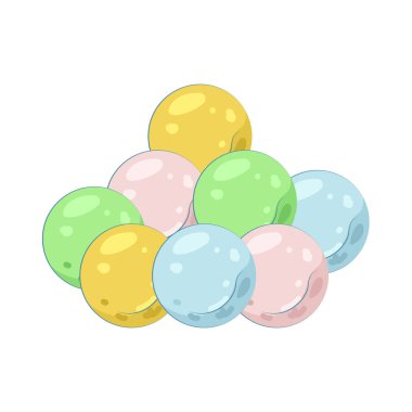 Bir grup balon, neşe ve eğlenceyi sembolize eden, yüzen, parlak küreleri temsil eder..