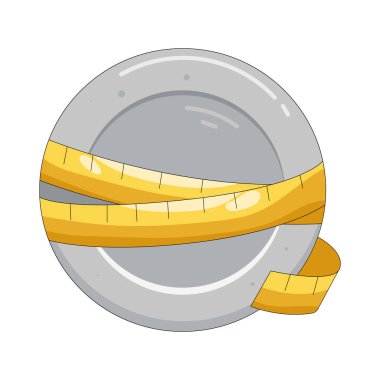 Ölçüm bandı olan bir tabak, kilo kaybı ve dengeli bir diyeti desteklemek için gıda alımının yönetilmesinin önemini vurgulayarak, porsiyon kontrolü ve dikkatli yemeyi sembolize eder..