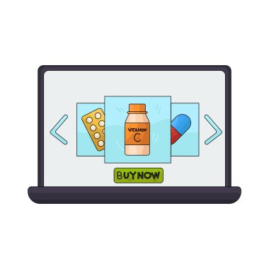 İnternet üzerinden bir eczane, ilaç ve sağlık ürünleri sunan dijital bir mağazayı sembolize ediyor.