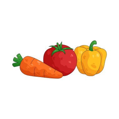 Domates ve dolmalık biberli havuç, genellikle sağlıklı pişirmede kullanılan sebzelerin renkli bir karışımını resmediyor..